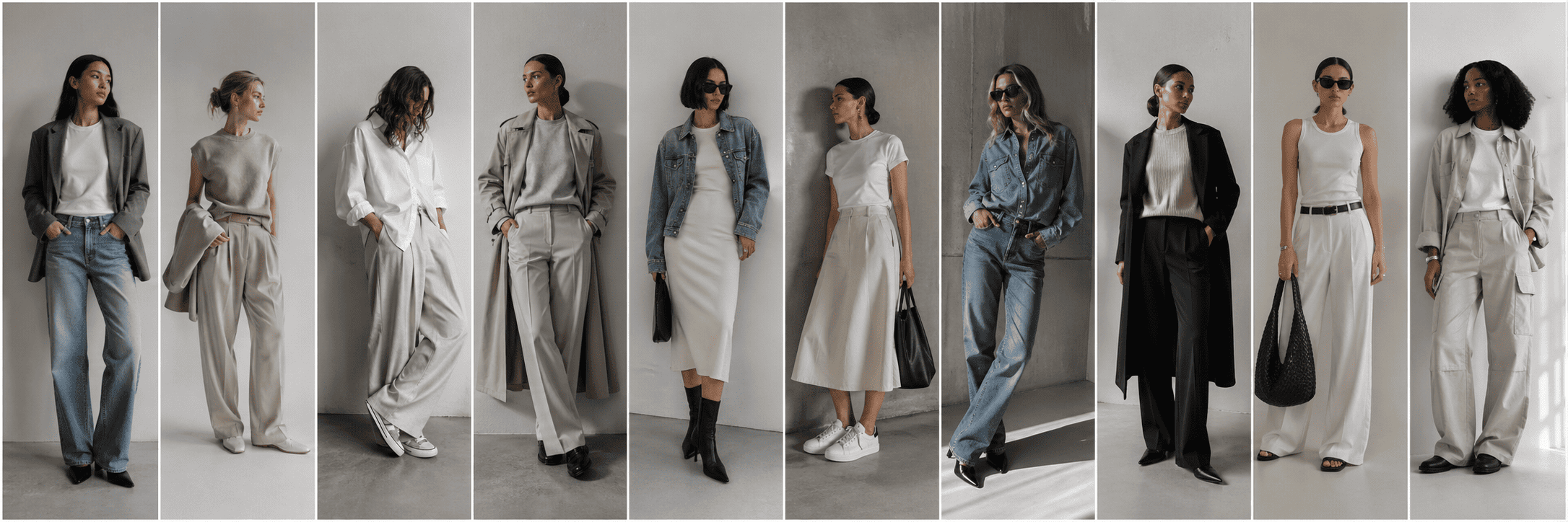 Collage horizontal con diez ideas de outfits de mujer en estilo urbano casual, tonos neutros y estética minimalista.