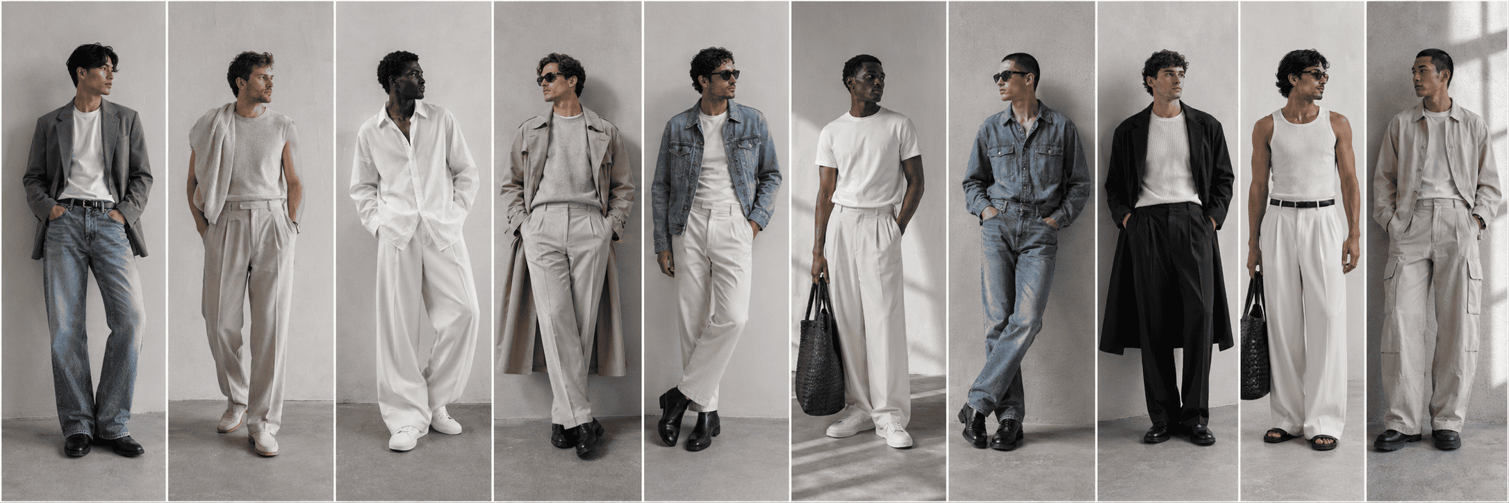 Collage horizontal con diez ideas de outfits de hombre en estilo urbano casual, tonos neutros y estética minimalista.